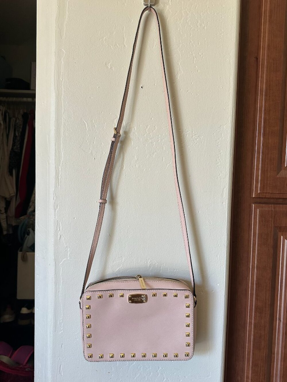 Michael Kors Sandrine Studded Crossbody Bag Light Pink Gold Studs